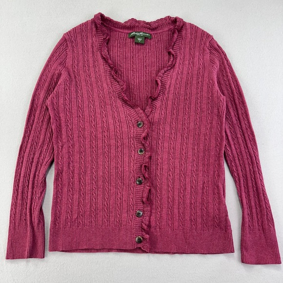 Vintage Eddie Bauer Cardigan Sweater Womens M Red Pointelle Knit Y2K Coquette - Picture 1 of 10
